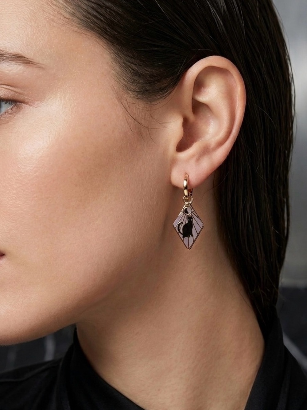 11: Gold Earrings with Geometric Cat Charm